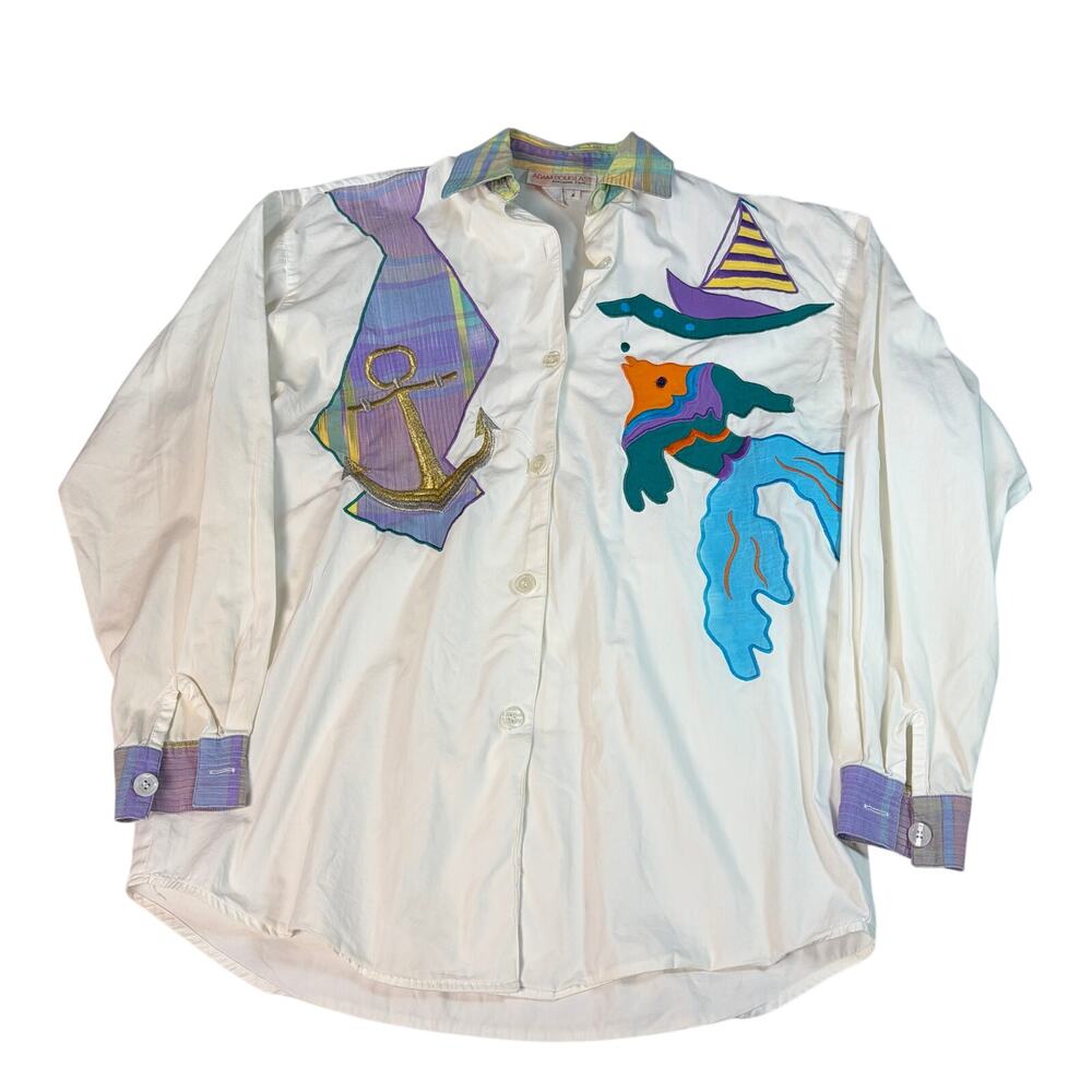 VTG Adam Douglass Adrianna Papell nautical button up shirt. Size 6. embroidered